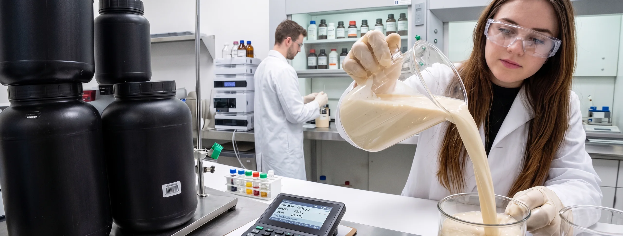 Personal de Mesofrance elaborando una fórmula en el laboratorio, con bata, guantes y gafas de protección